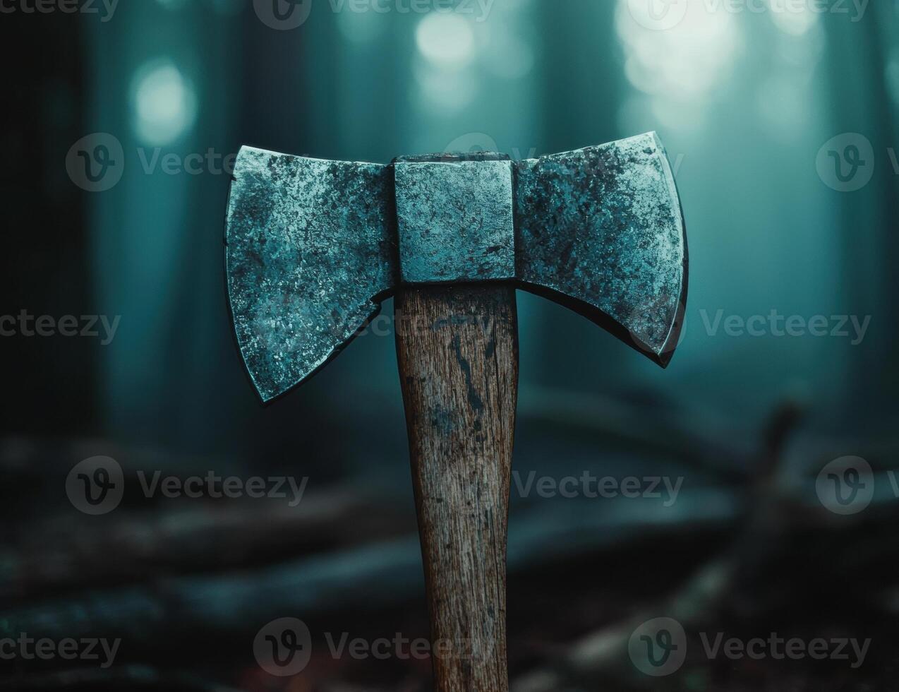 Rugged axe head in a dark, moody setting photo