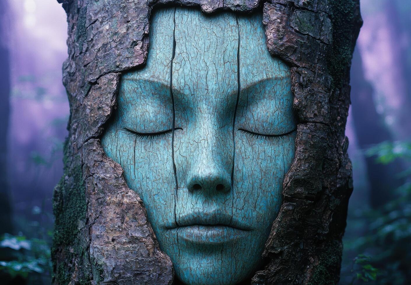 Mystical face carved into tree trunk photo