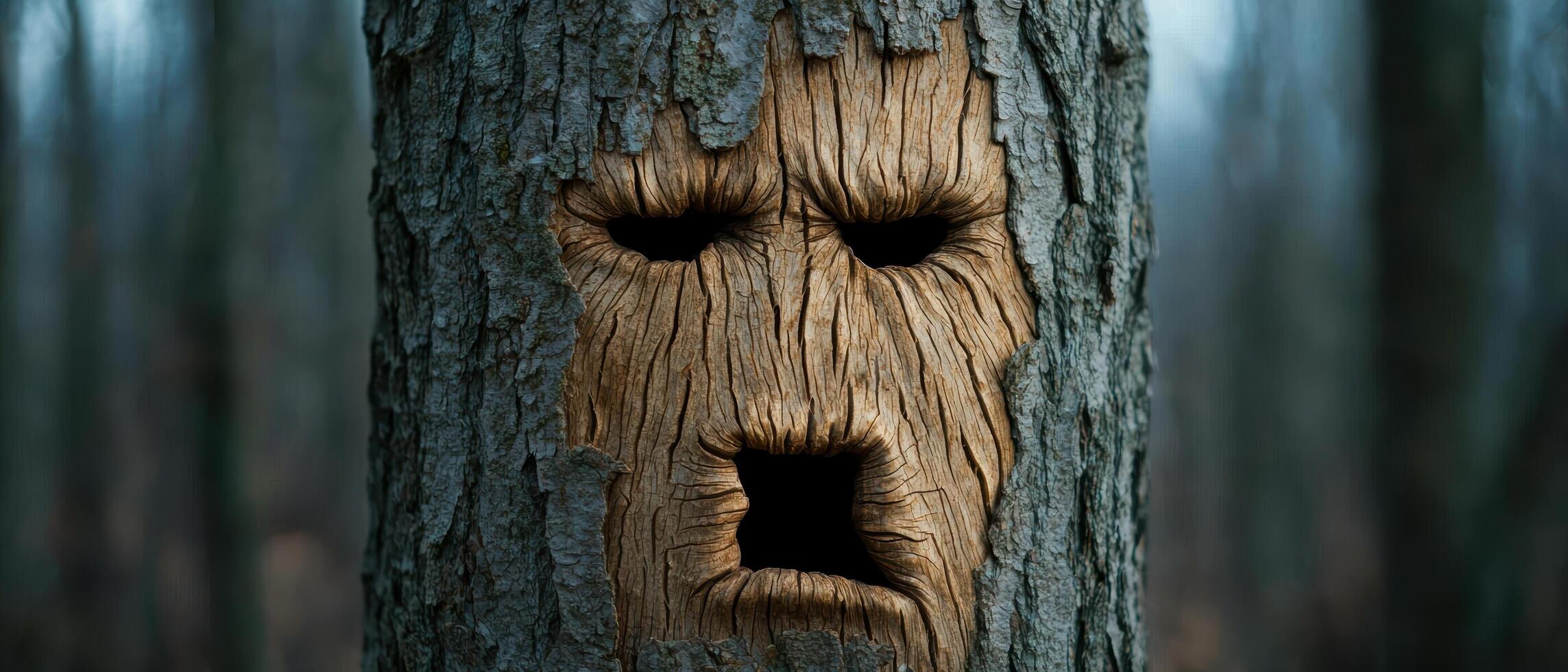 Mysterious tree face in the forest photo