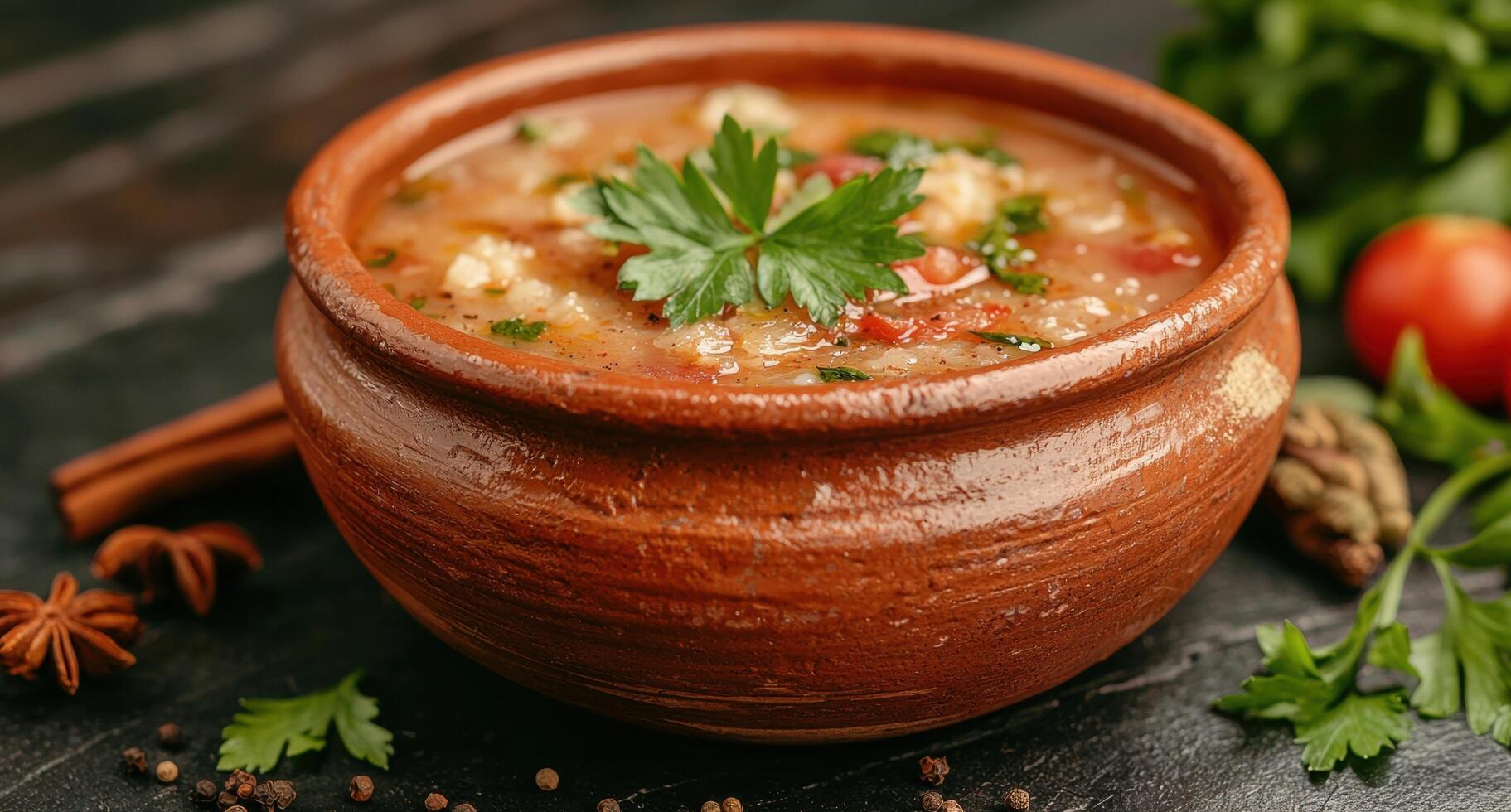 Hearty vegetable soup in a rustic clay bowl photo