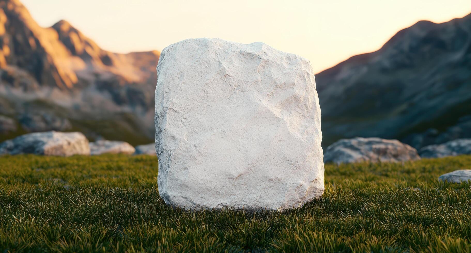 Large boulder in grassy mountain landscape at sunset photo