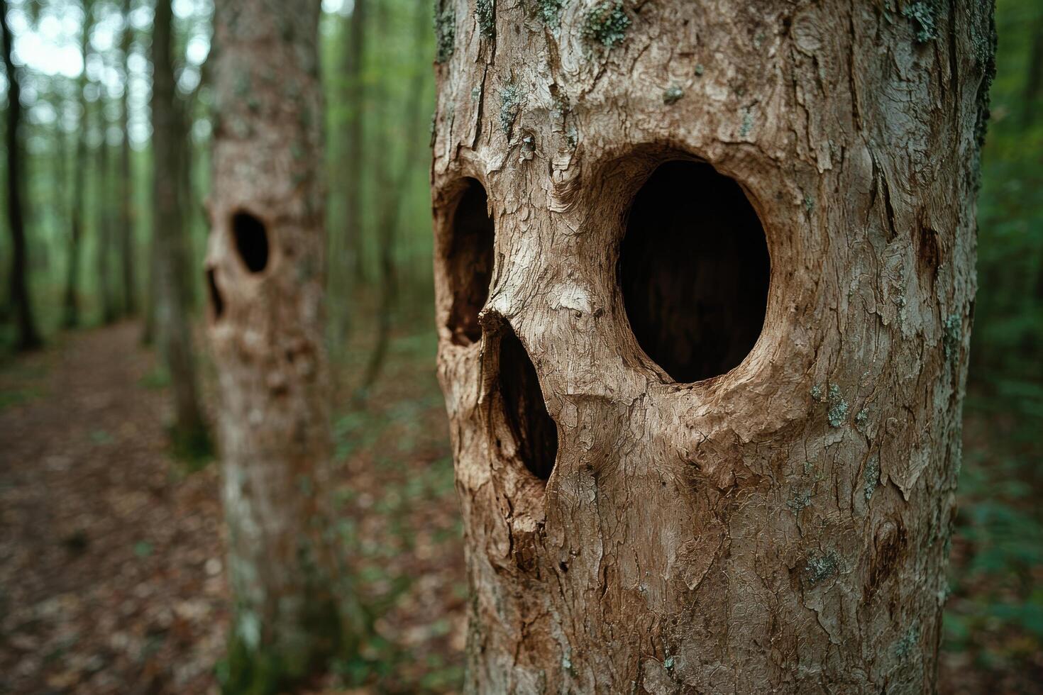 Mysterious tree trunk with hollow openings in a lush forest photo