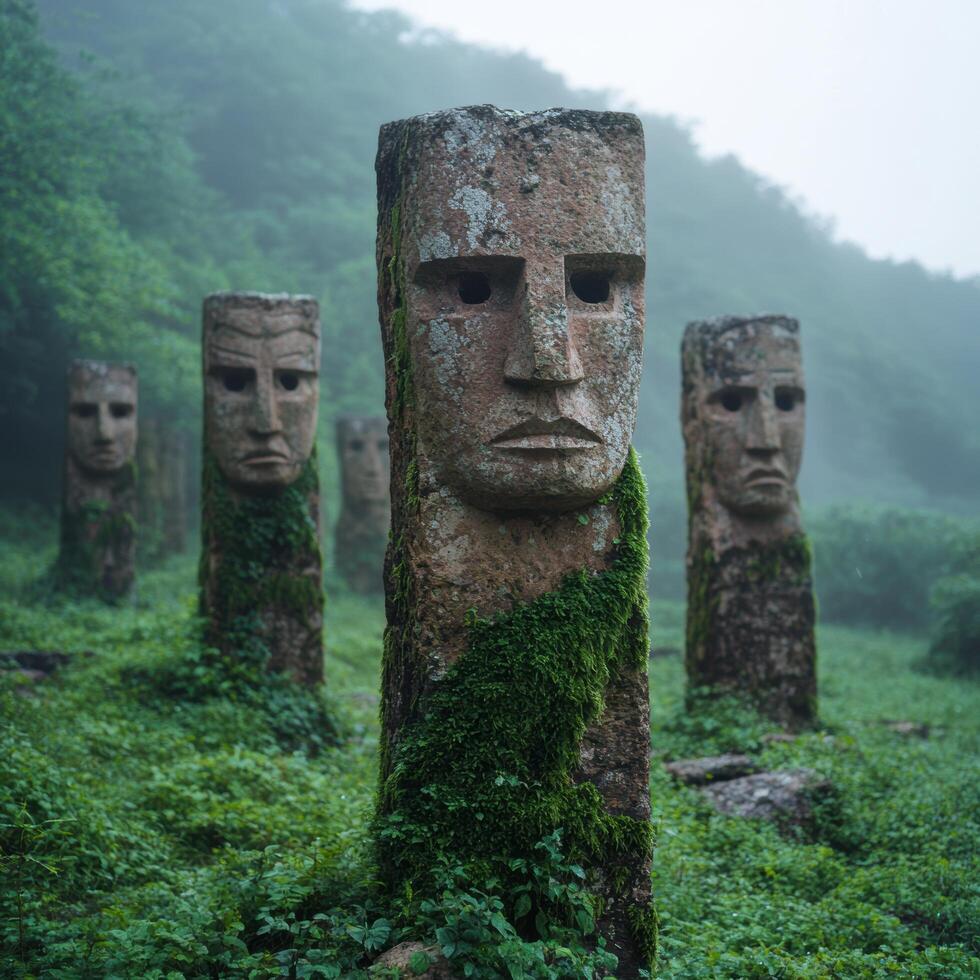 Mysterious stone faces in misty forest photo