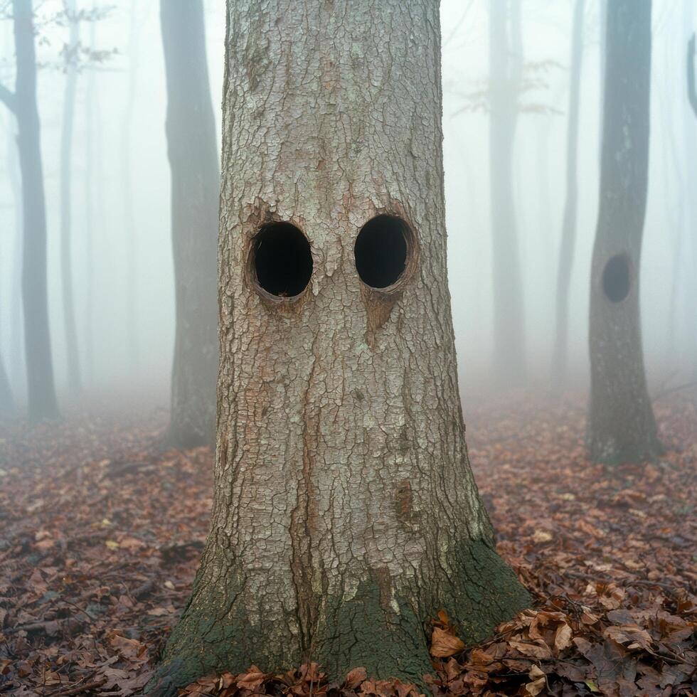 Spooky tree with haunting eyes in a mysterious forest photo