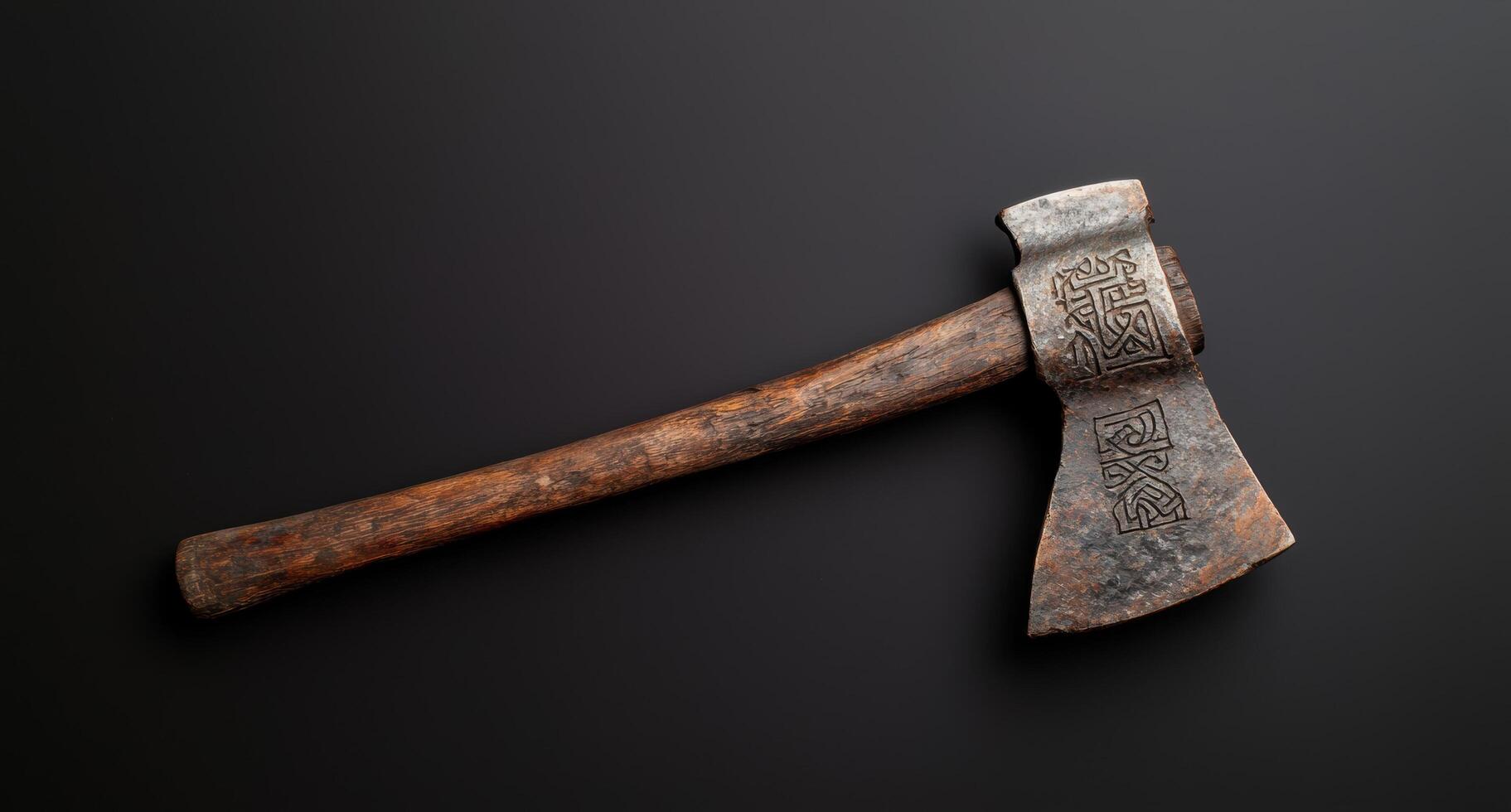 Vintage iron axe with ornate handle photo