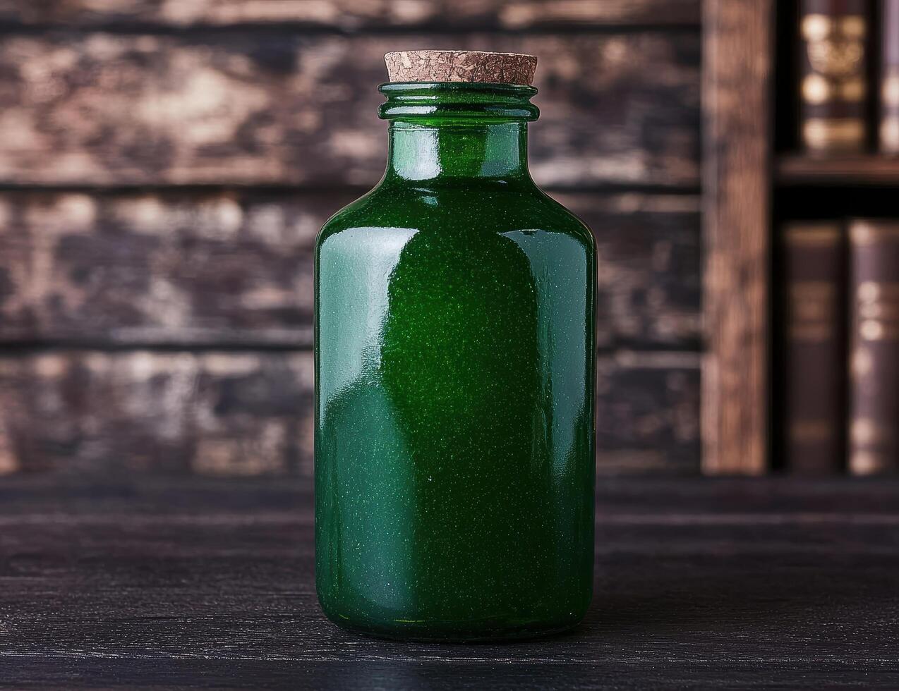 Green glass bottle on wooden surface photo