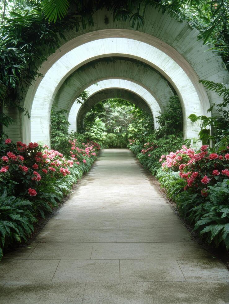 Lush tropical garden walkway with arched entrance photo