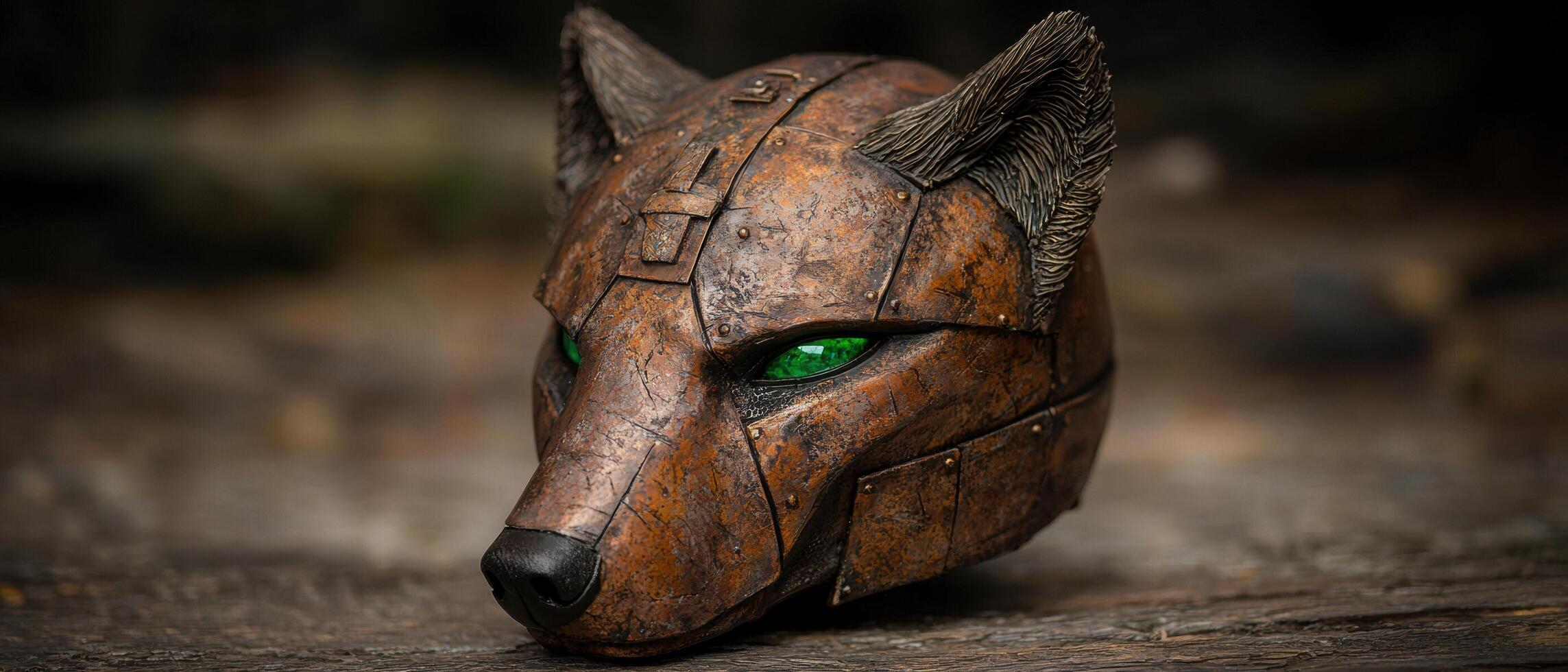 Rugged fantasy creature mask with glowing green eyes photo