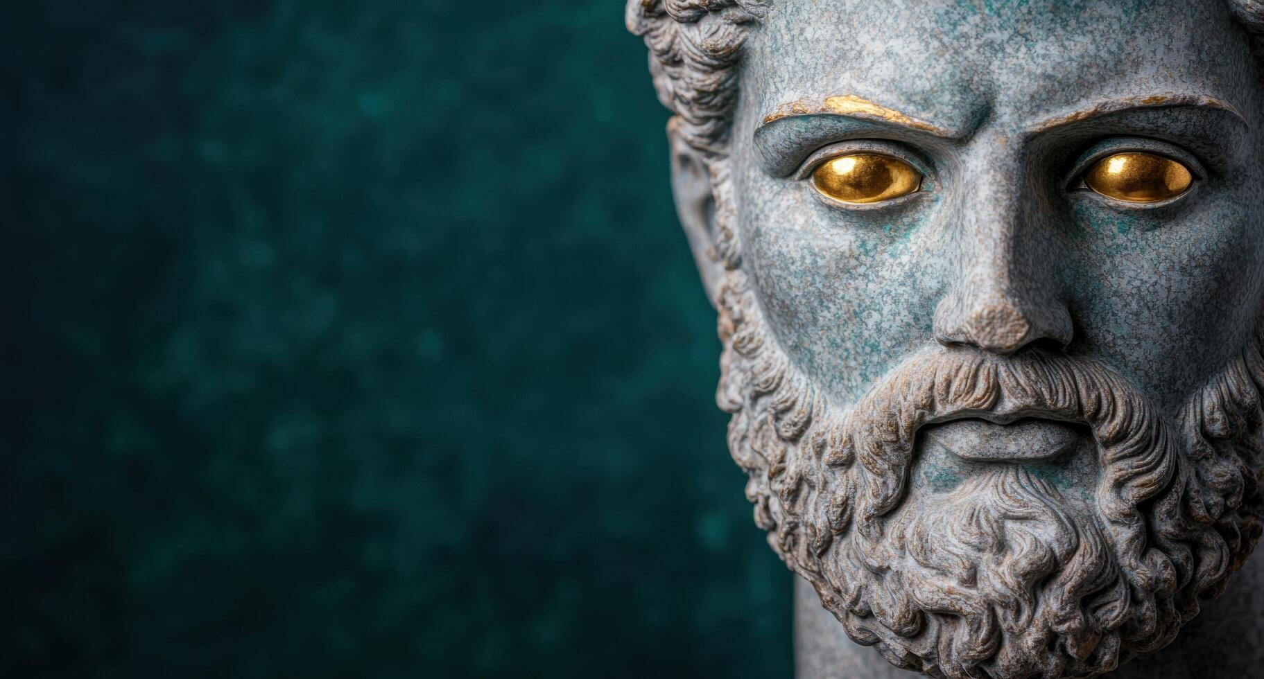 Closeup of ancient stone statue with golden eyes photo