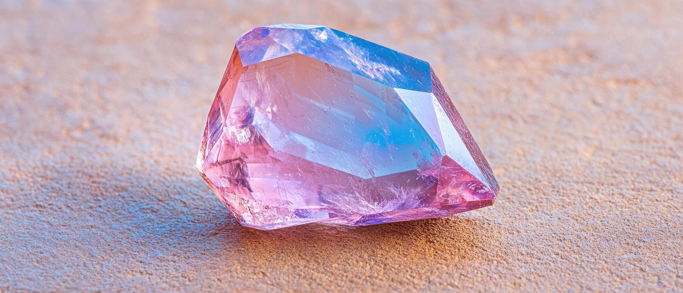 Vibrant crystal gemstone on sandy beach photo