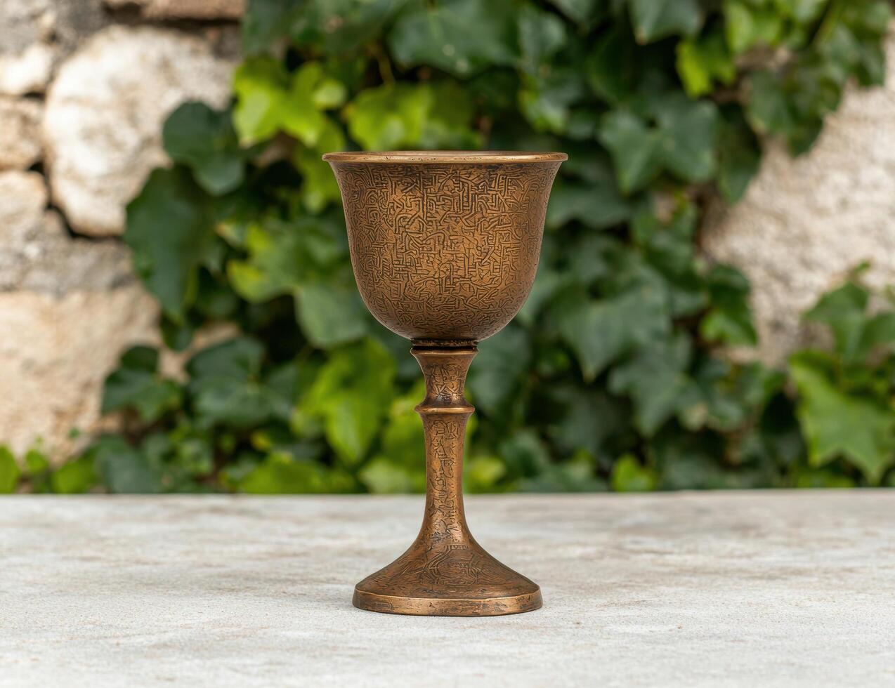 Ornate metal chalice in a garden setting photo