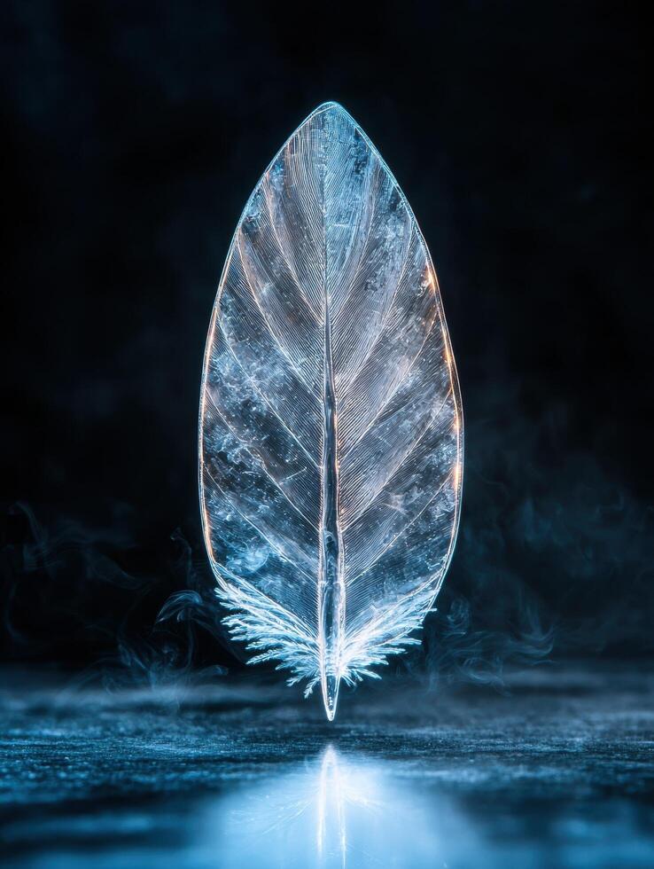 Ethereal feather floating above a misty surface photo
