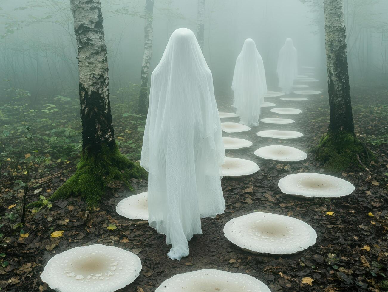 ghostly figures in a mystical forest photo