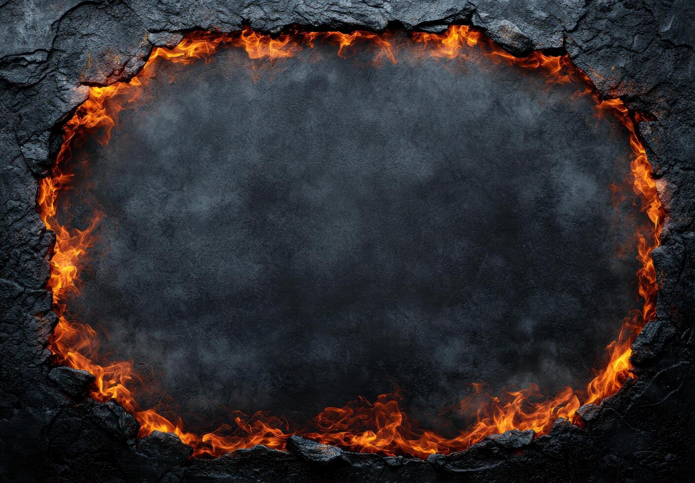 Fiery frame on dark rocky background photo