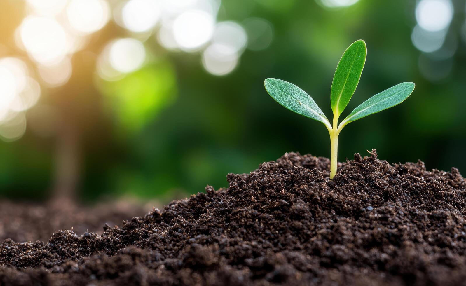 Sprouting seedling in soil with sunlight photo