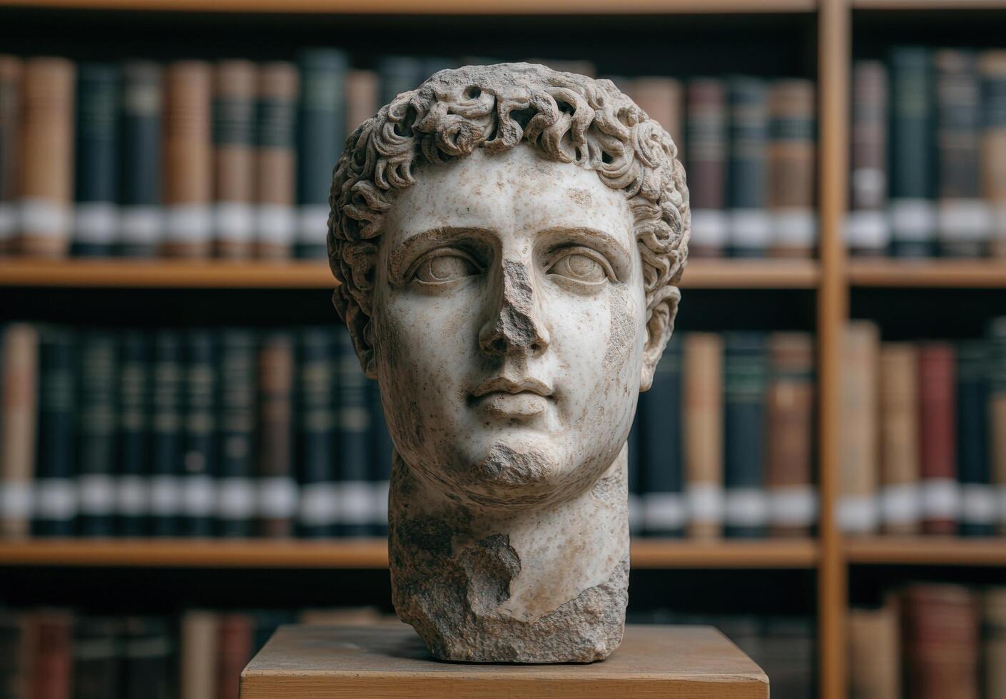 ancient roman bust sculpture in library photo