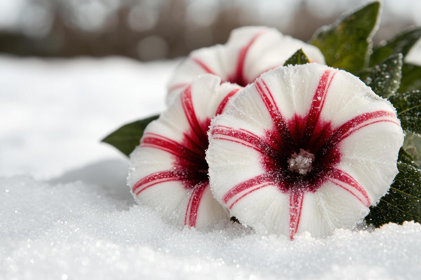 Snowy white and red flower in winter photo