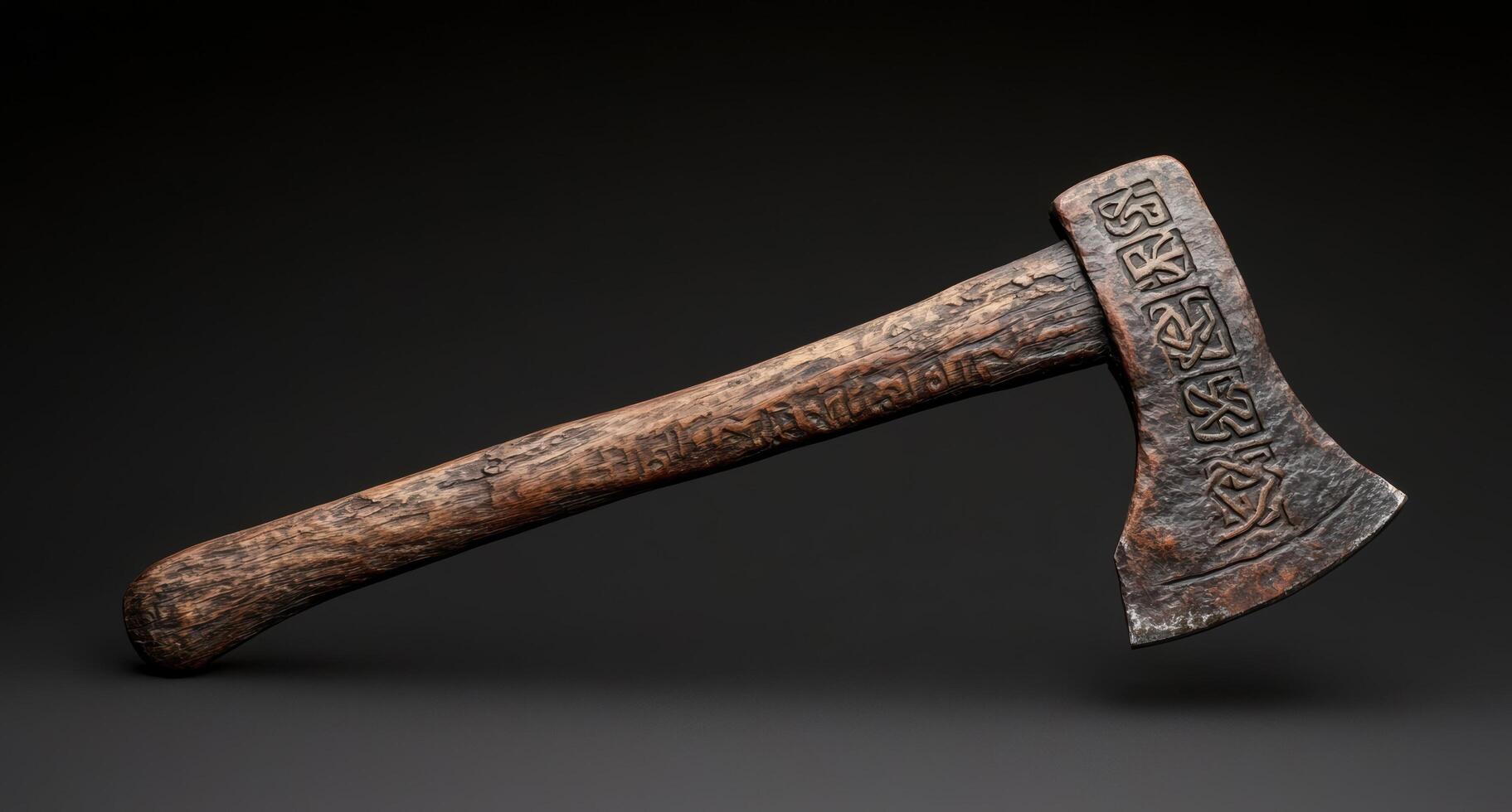 Antique iron axe with ornate handle photo