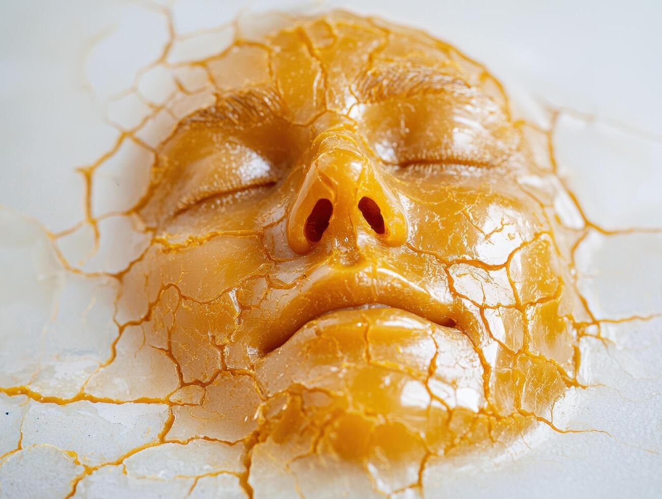 close up of a cracked honeycomb with a bees face visible photo