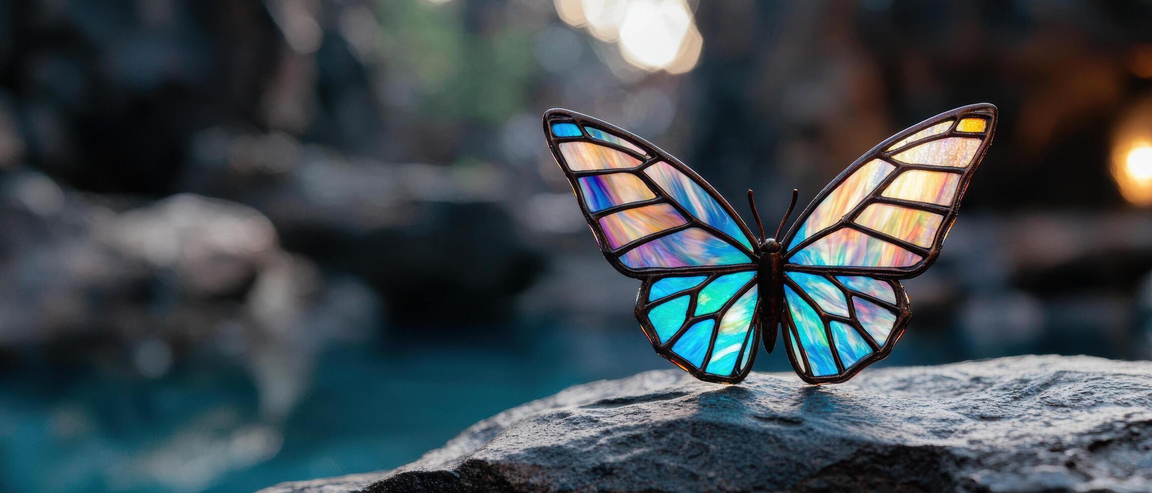 Colorful butterfly on rock near water photo