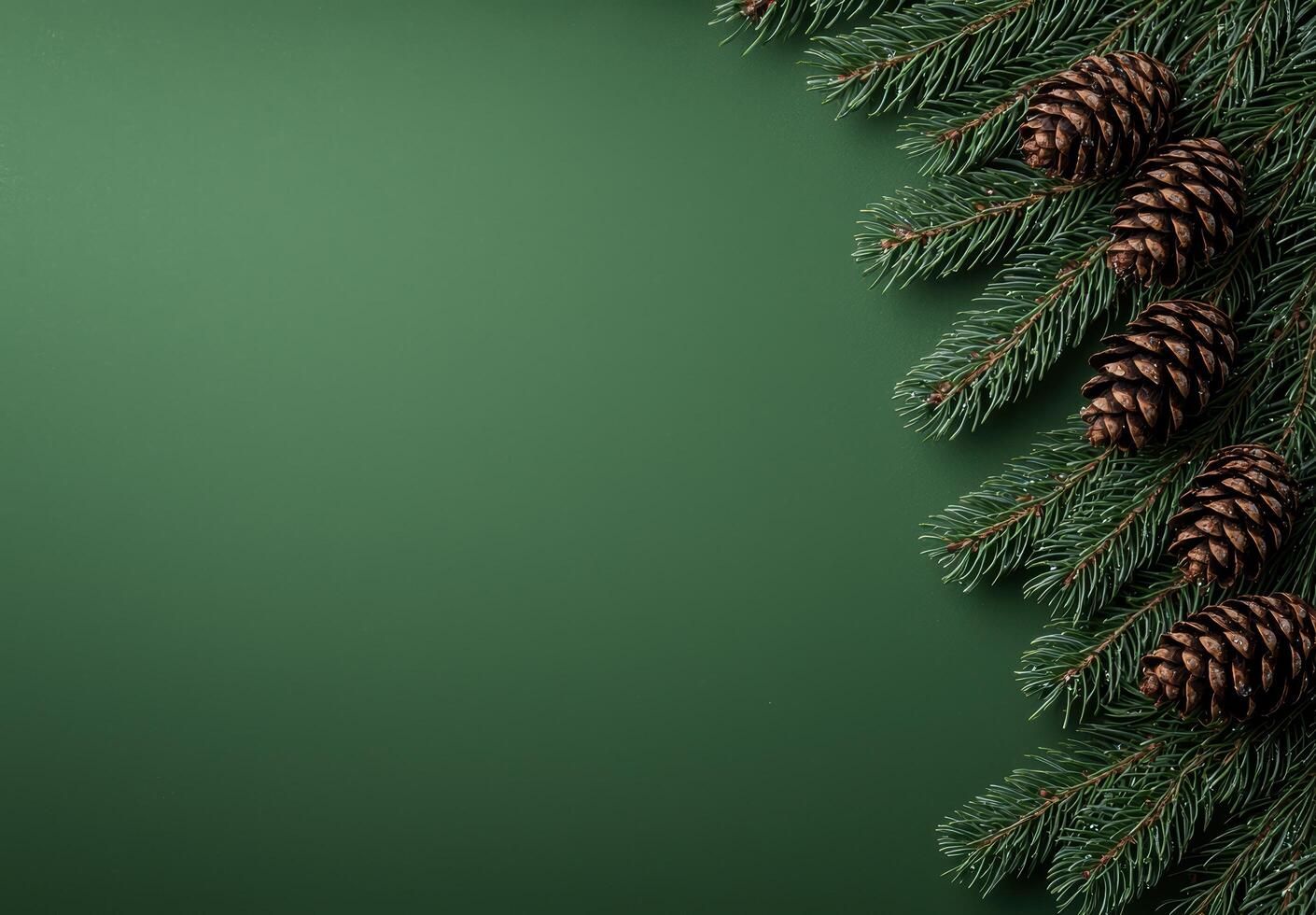 Christmas tree branches with pine cones on green background photo