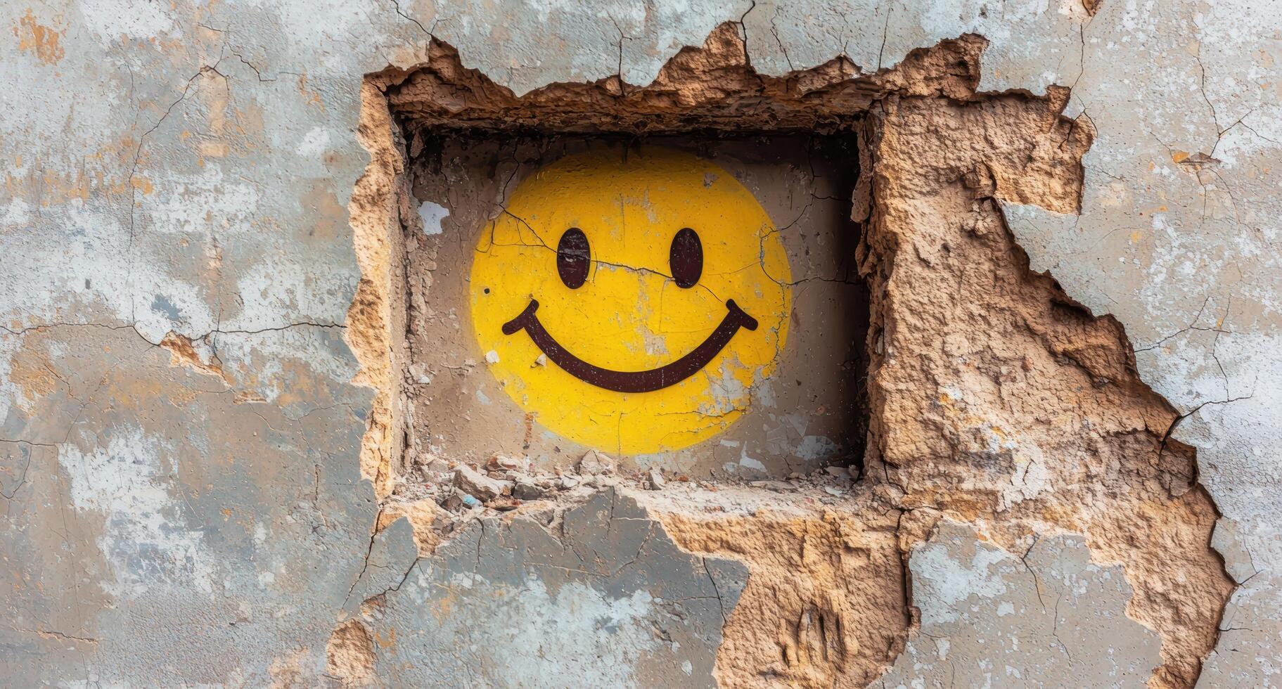 Cheerful smiley face symbol in cracked wall photo