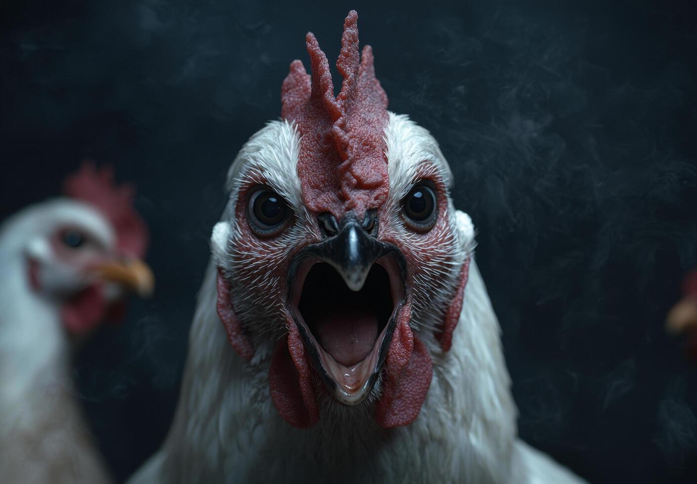 Angry rooster with open beak photo