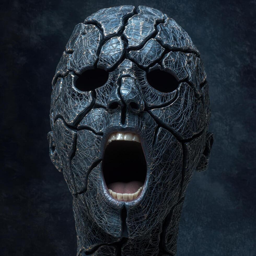Cracked and damaged skull with open mouth photo