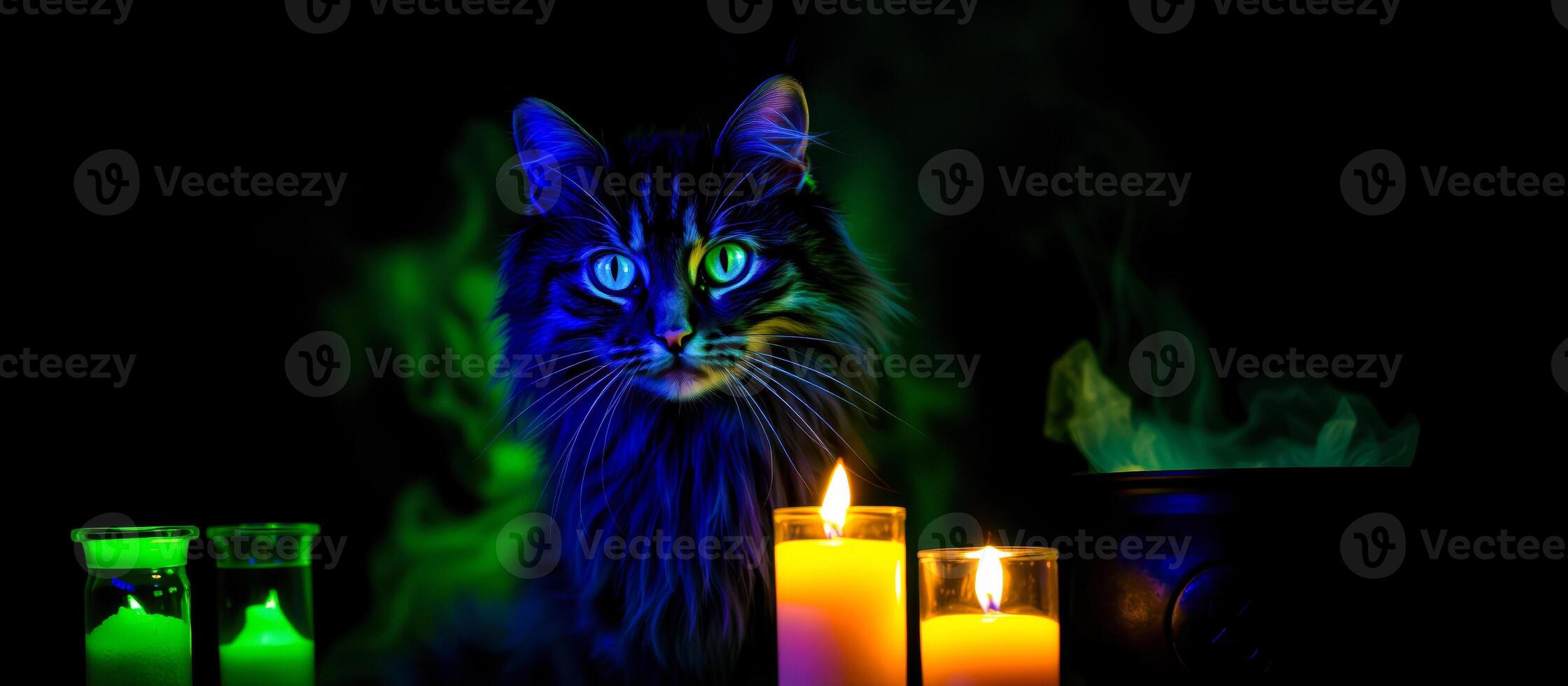 black cat with glowing green eyes sits beside a cauldron with green smoke photo