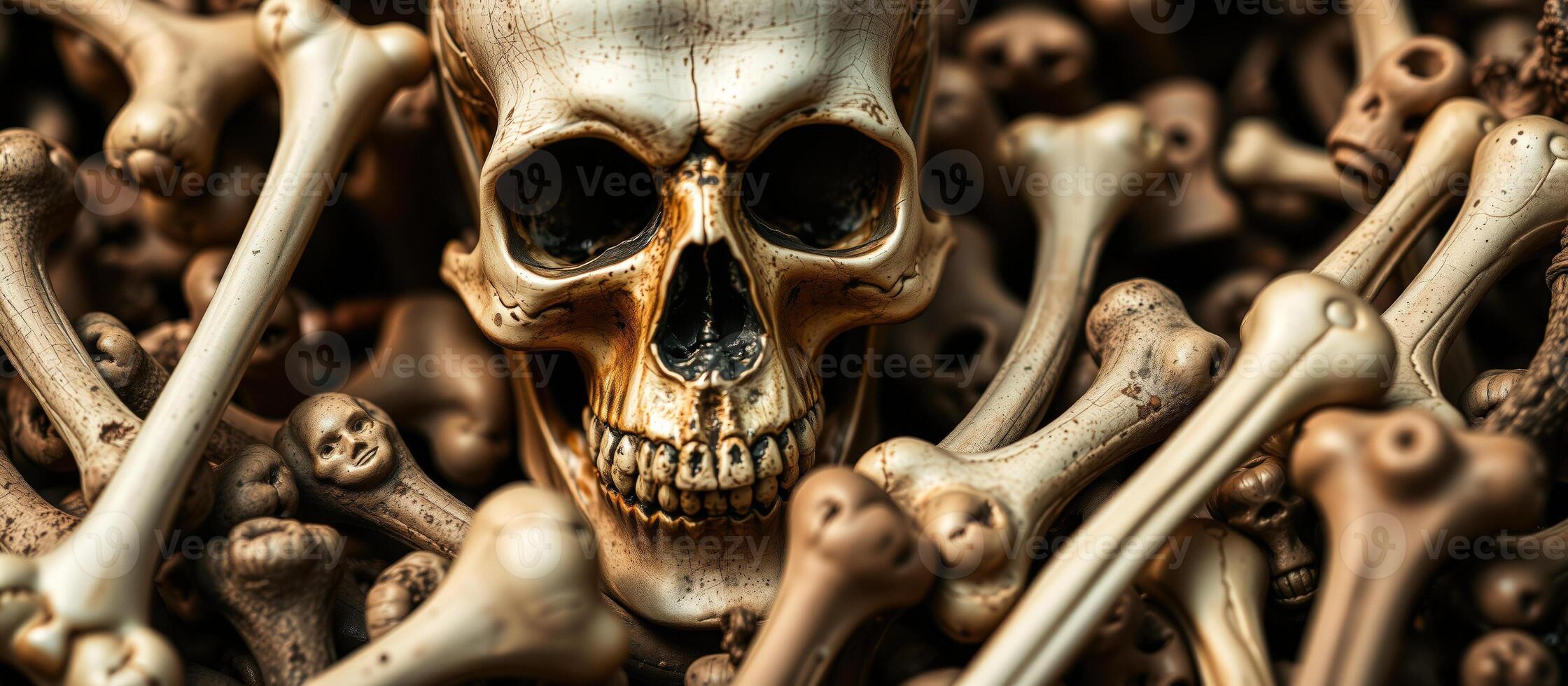 human skull rests amidst a heap bones photo