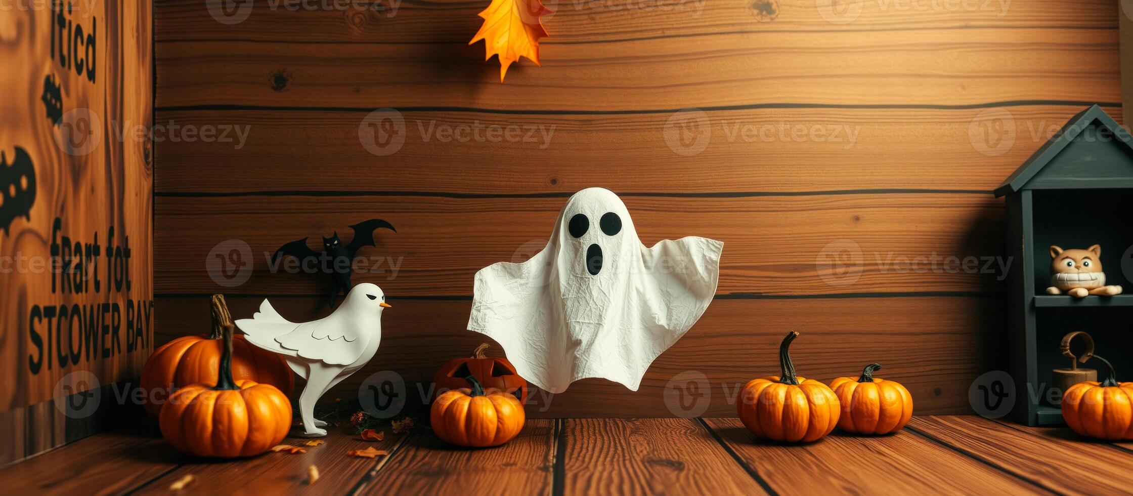 whimsical halloween arrangement with a ghost a bird pumpkins photo