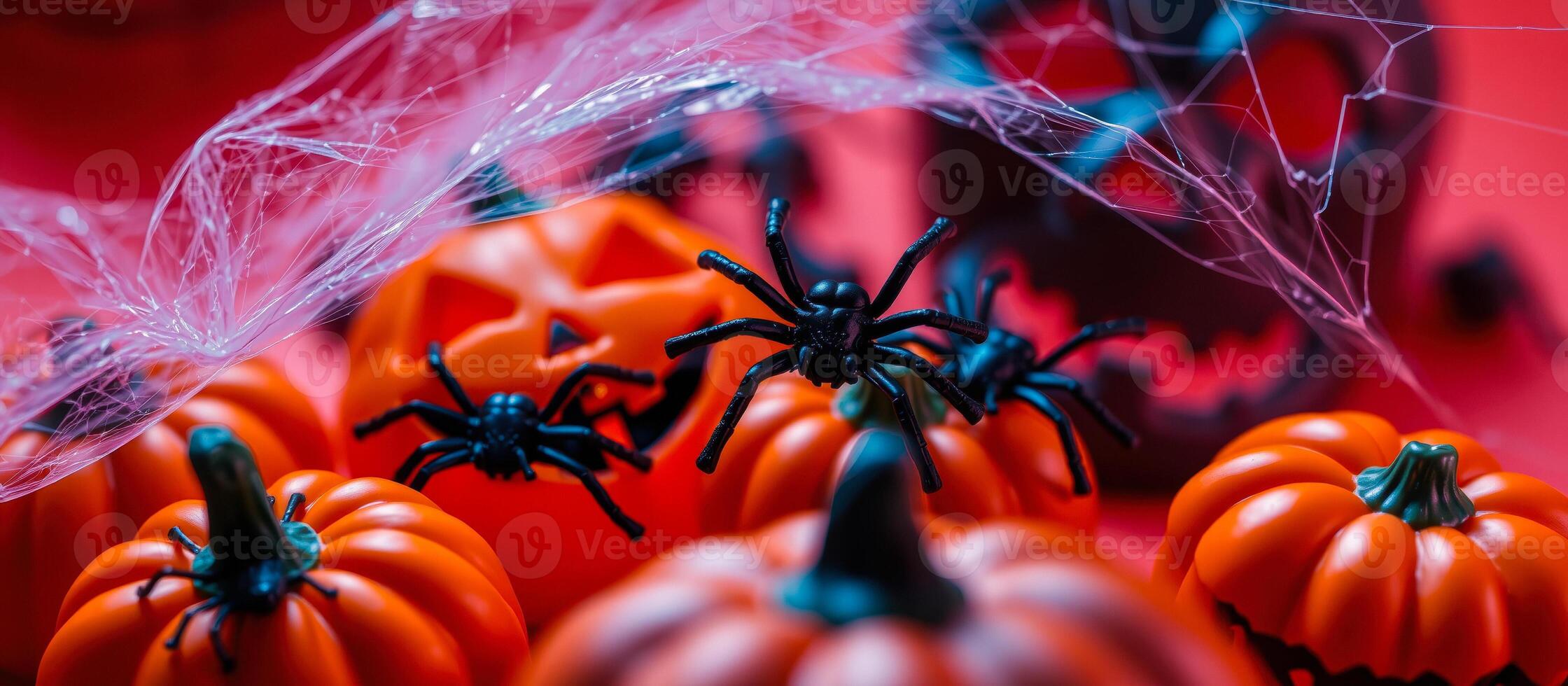 cluster pumpkins decorated with spiders a spiderweb halloween photo