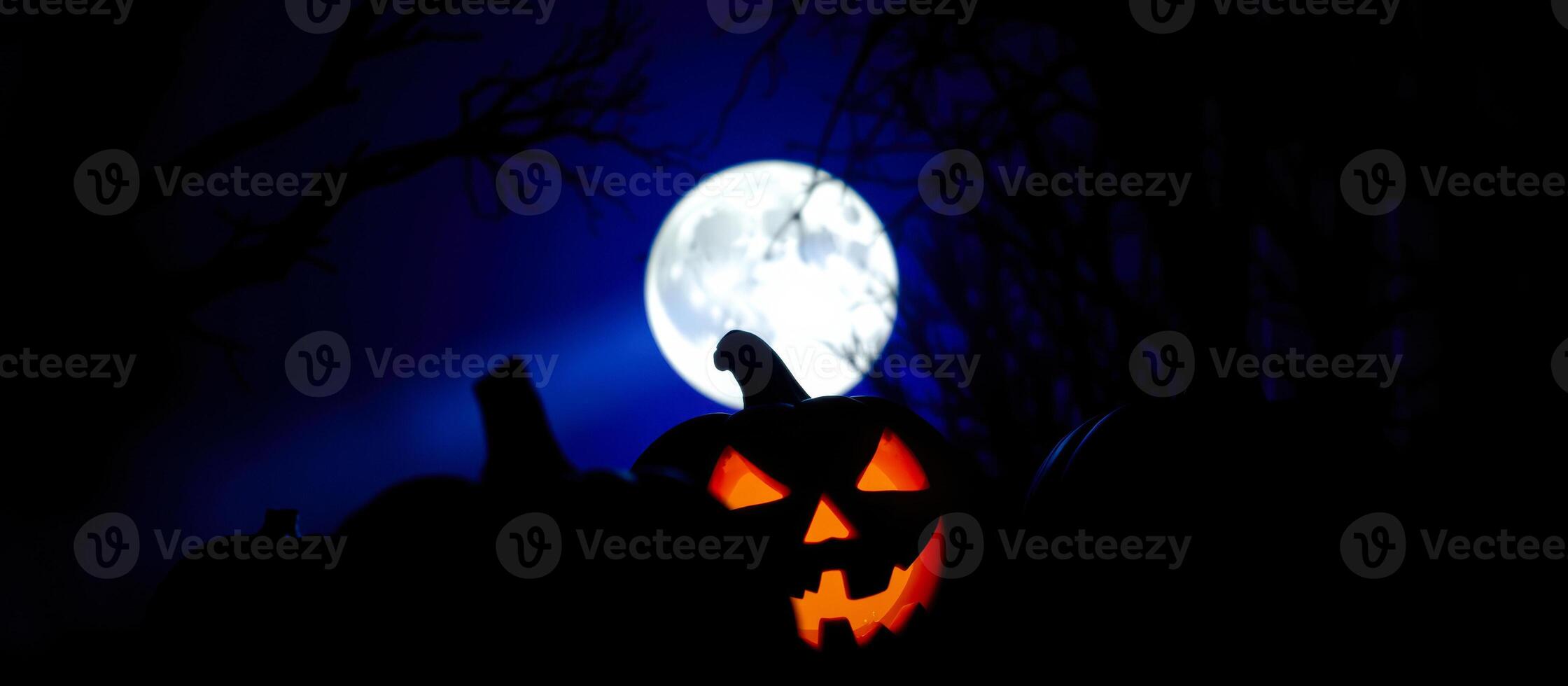glowing jack-o'-lantern underneath a full moon photo