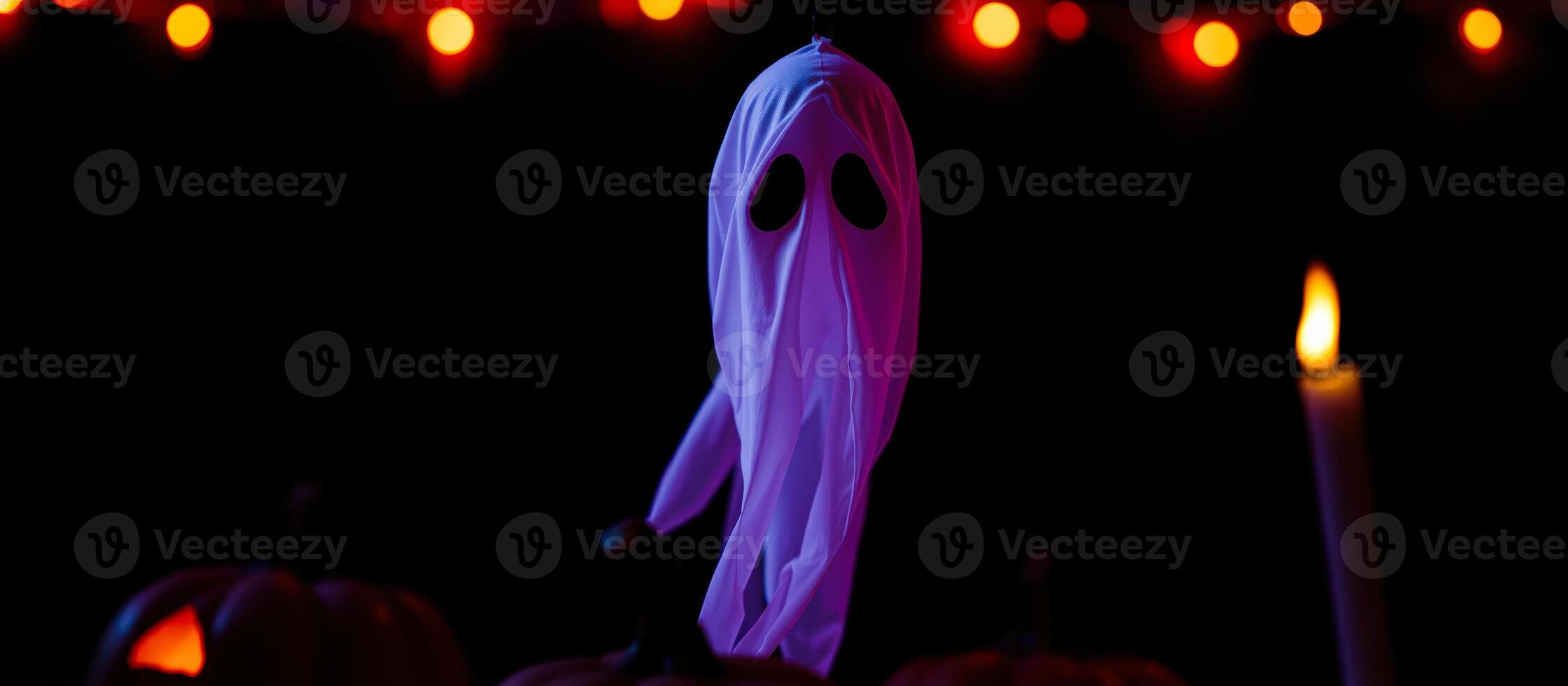 ghostly figure hangs the air illuminated by purple light photo