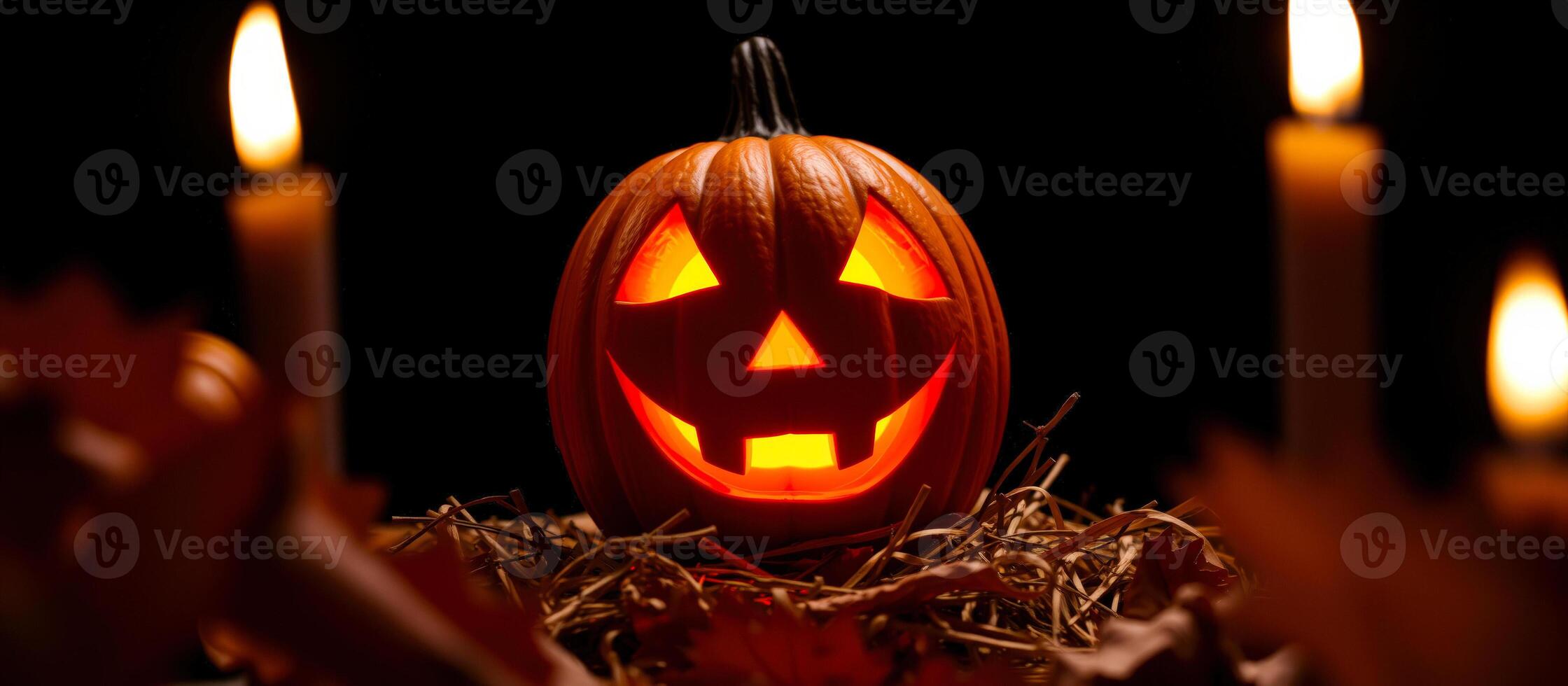 glowing carved pumpkin amidst straw leaves photo