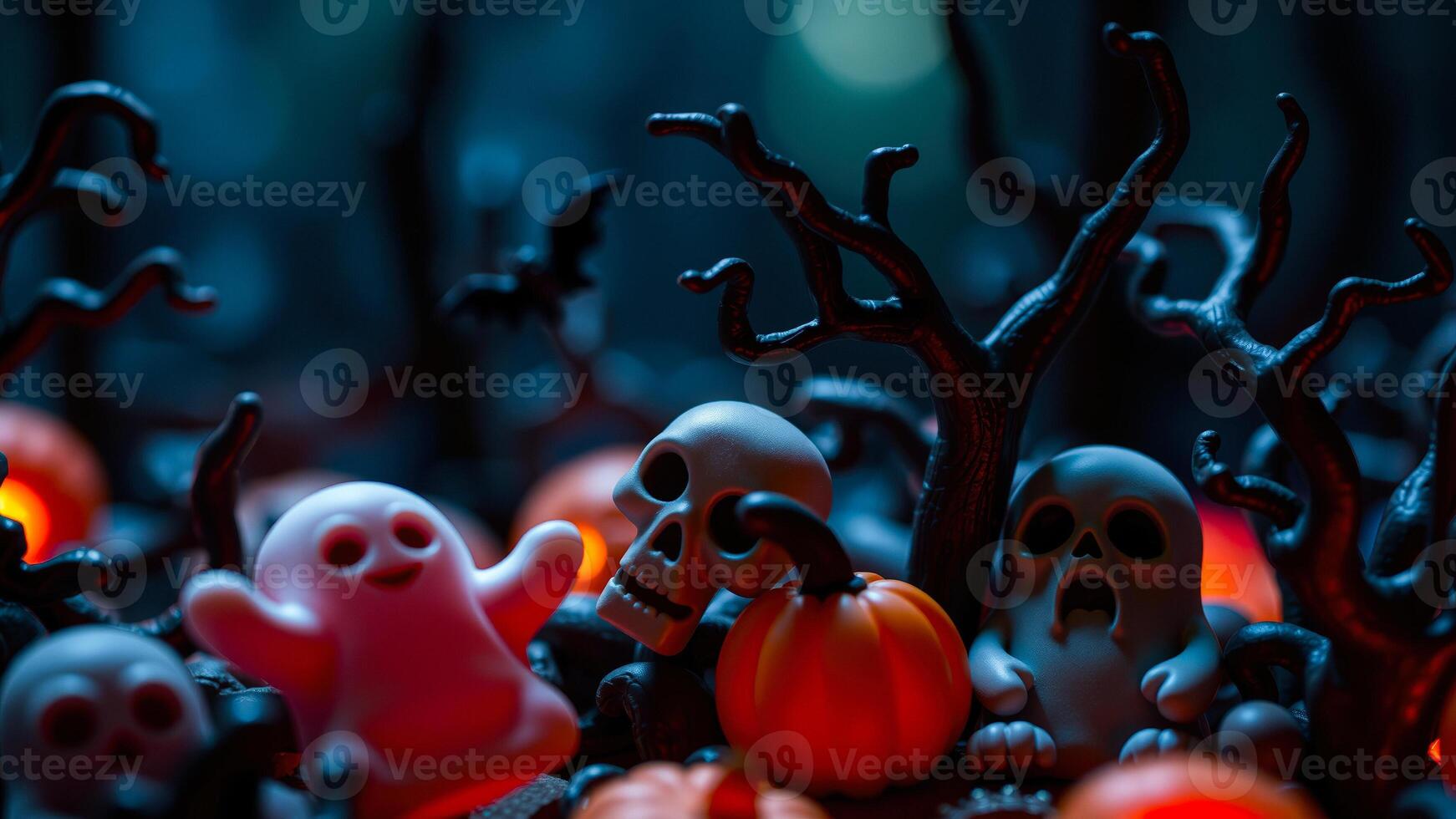 spooky scene with white ghosts a skull nestled among twisting branches glowing pumpkins photo