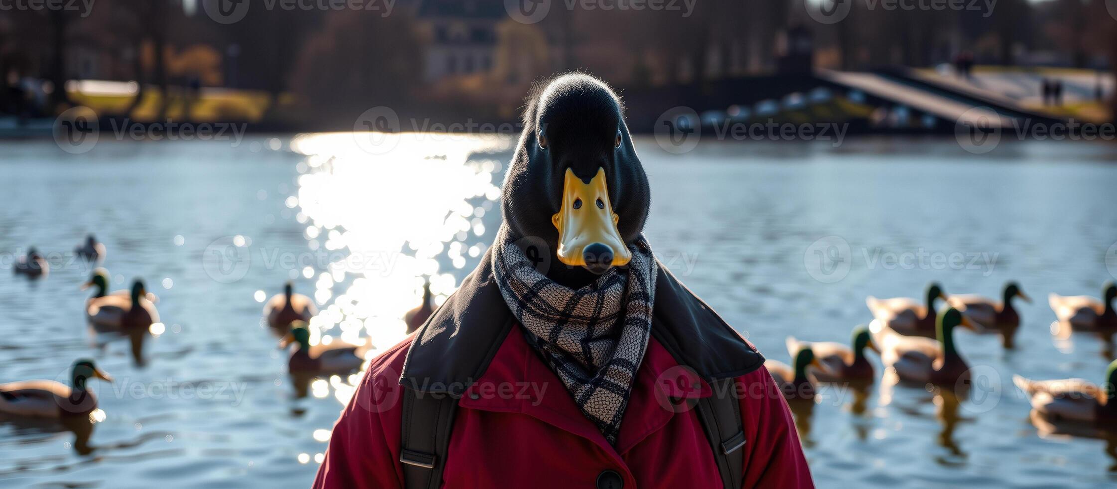 person with a duck head looks out over a body water photo