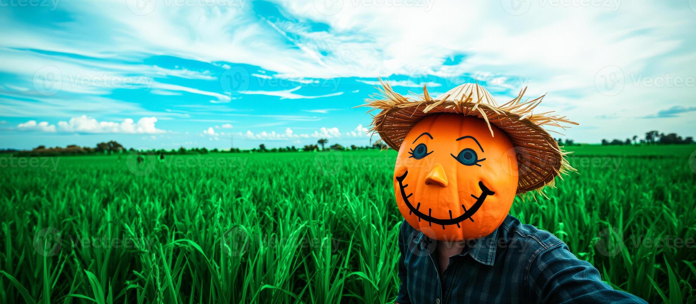 person wearing a smiling pumpkin mask stands a green field photo