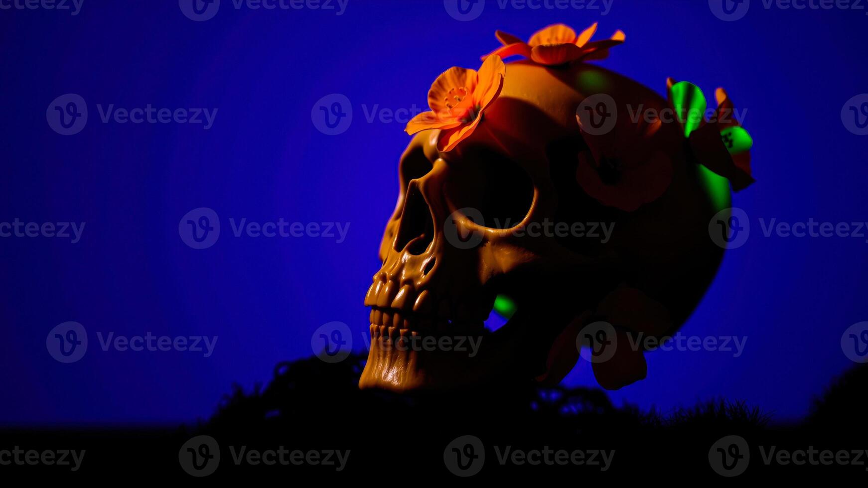 plastic skull adorned with flowers against a blue background photo