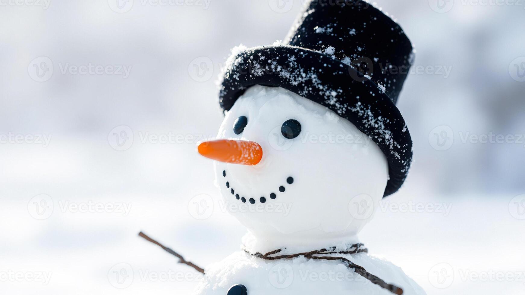snowman with a black top hat gazing at the winter landscape photo