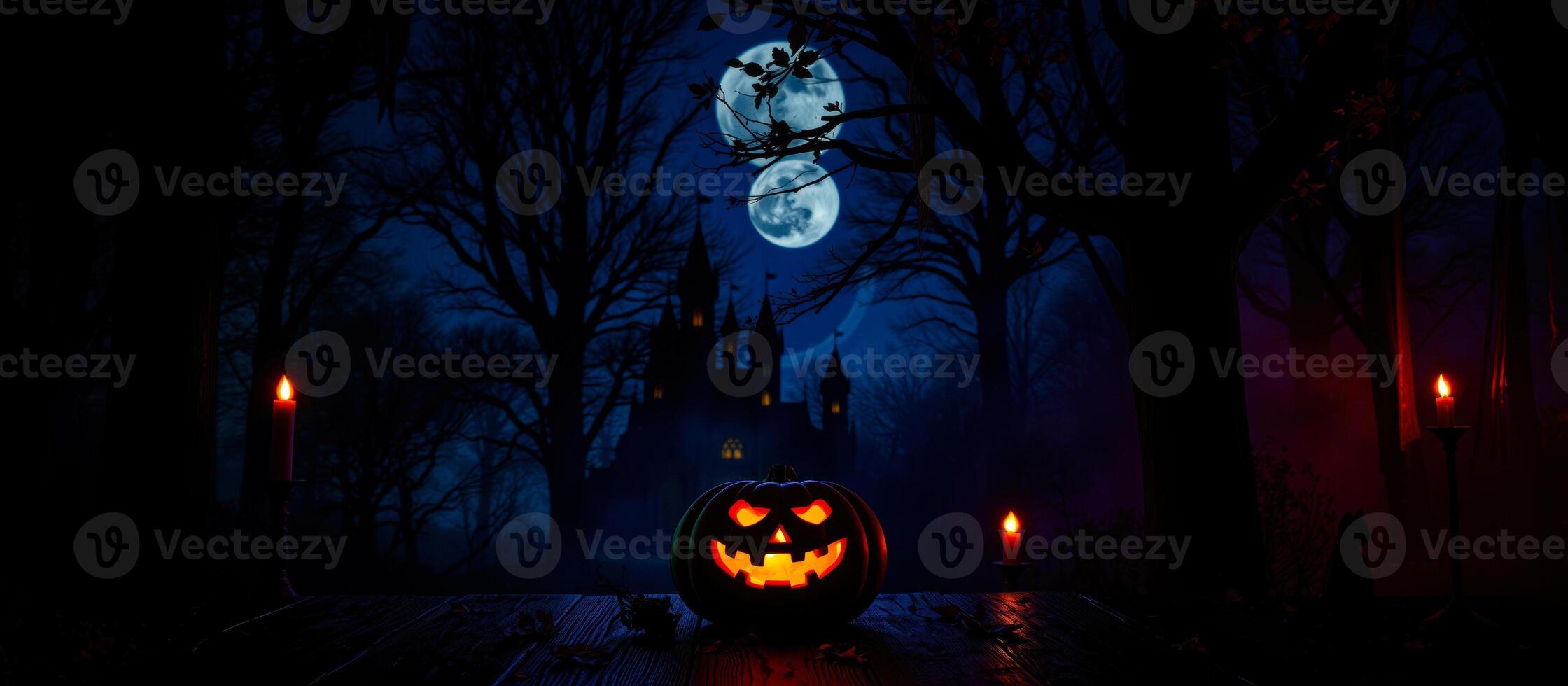 carved pumpkin glows the foreground a mysterious forest scene photo