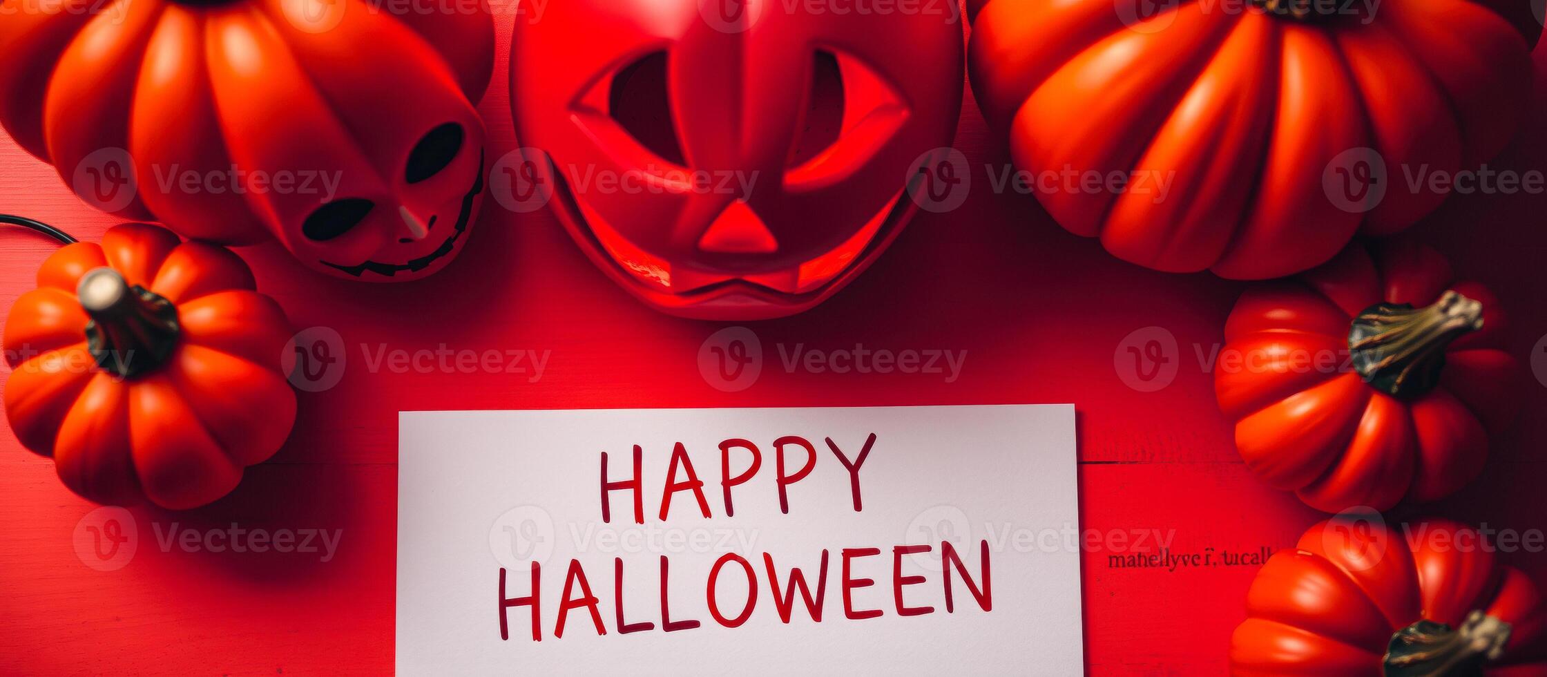 red pumpkins with a happy halloween message photo