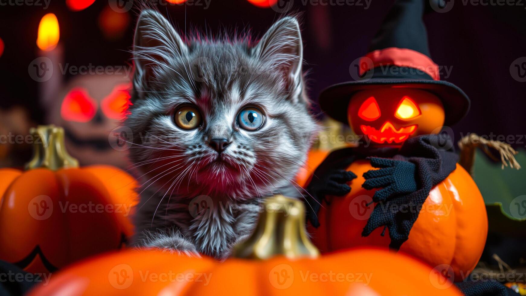 kitten poses with pumpkins a glowing jack-o'-lantern photo