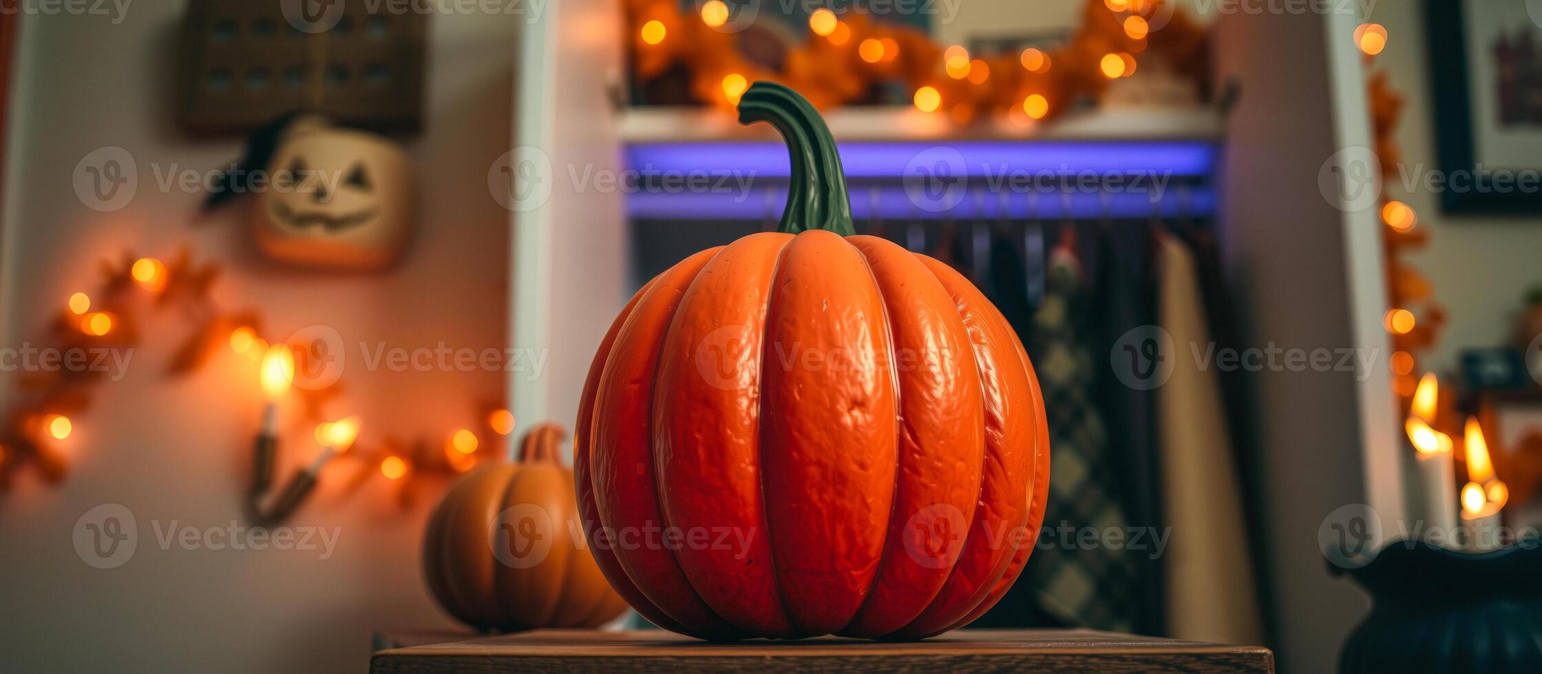 large pumpkin sits on a wooden surface decorated with string lights photo