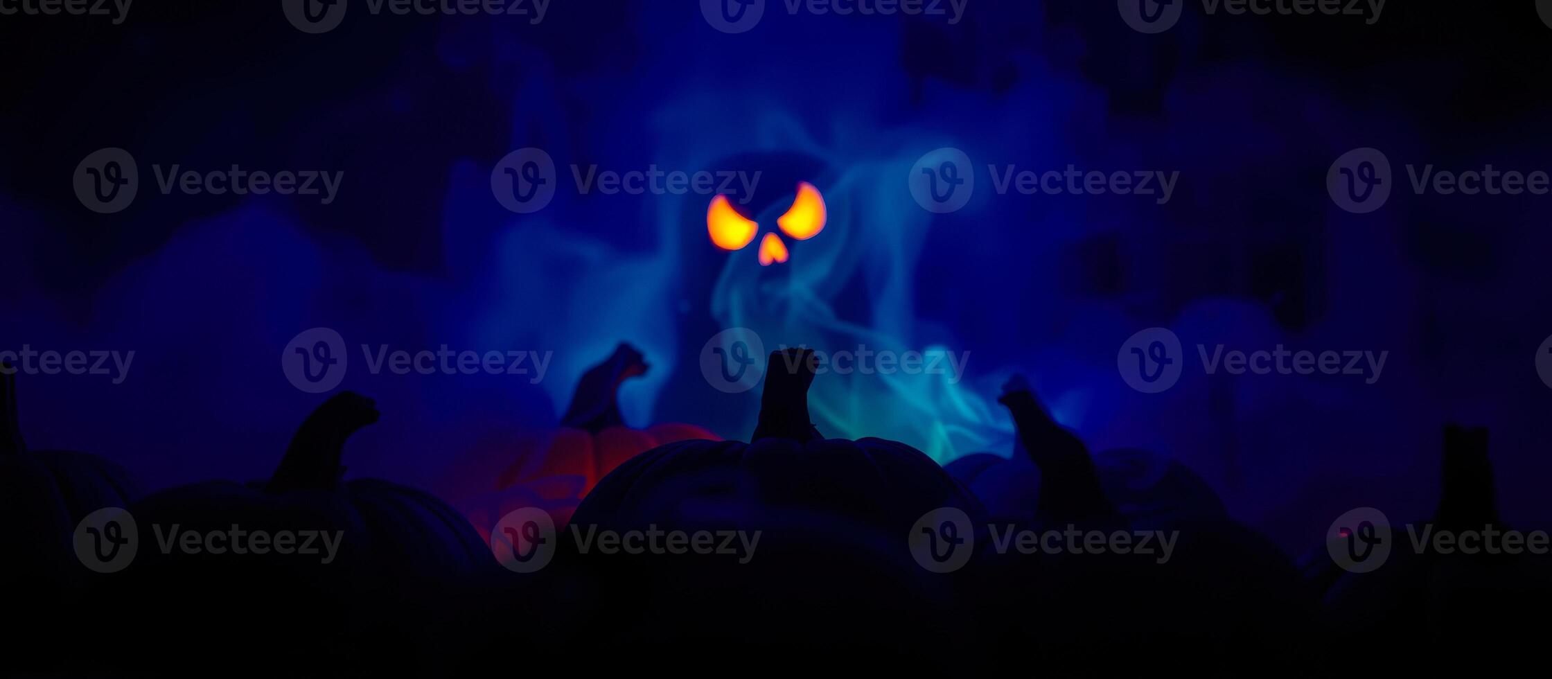 ghostly figure looms over pumpkins a smoky halloween scene photo