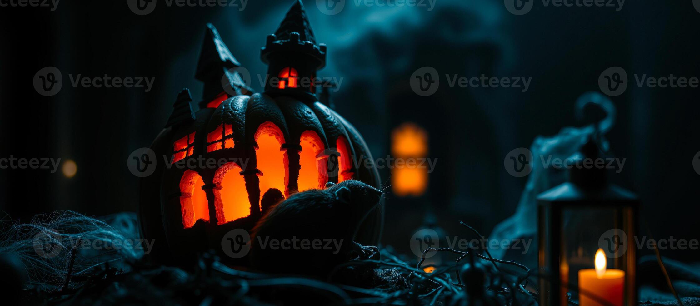 spooky pumpkin house glows with a mouse peeking out photo