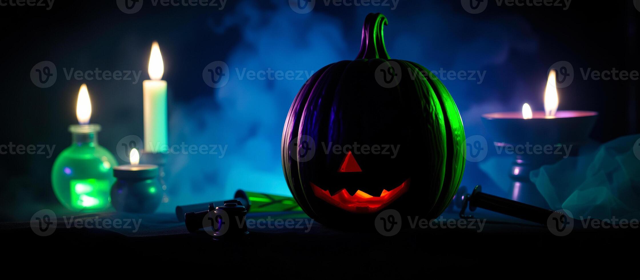 glowing pumpkin face a dark smoky setting photo