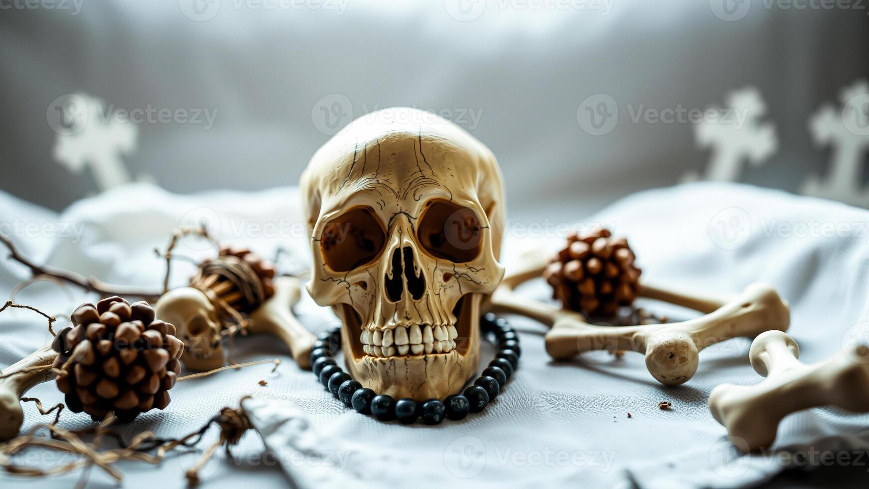 human skull with bones a beaded necklace photo
