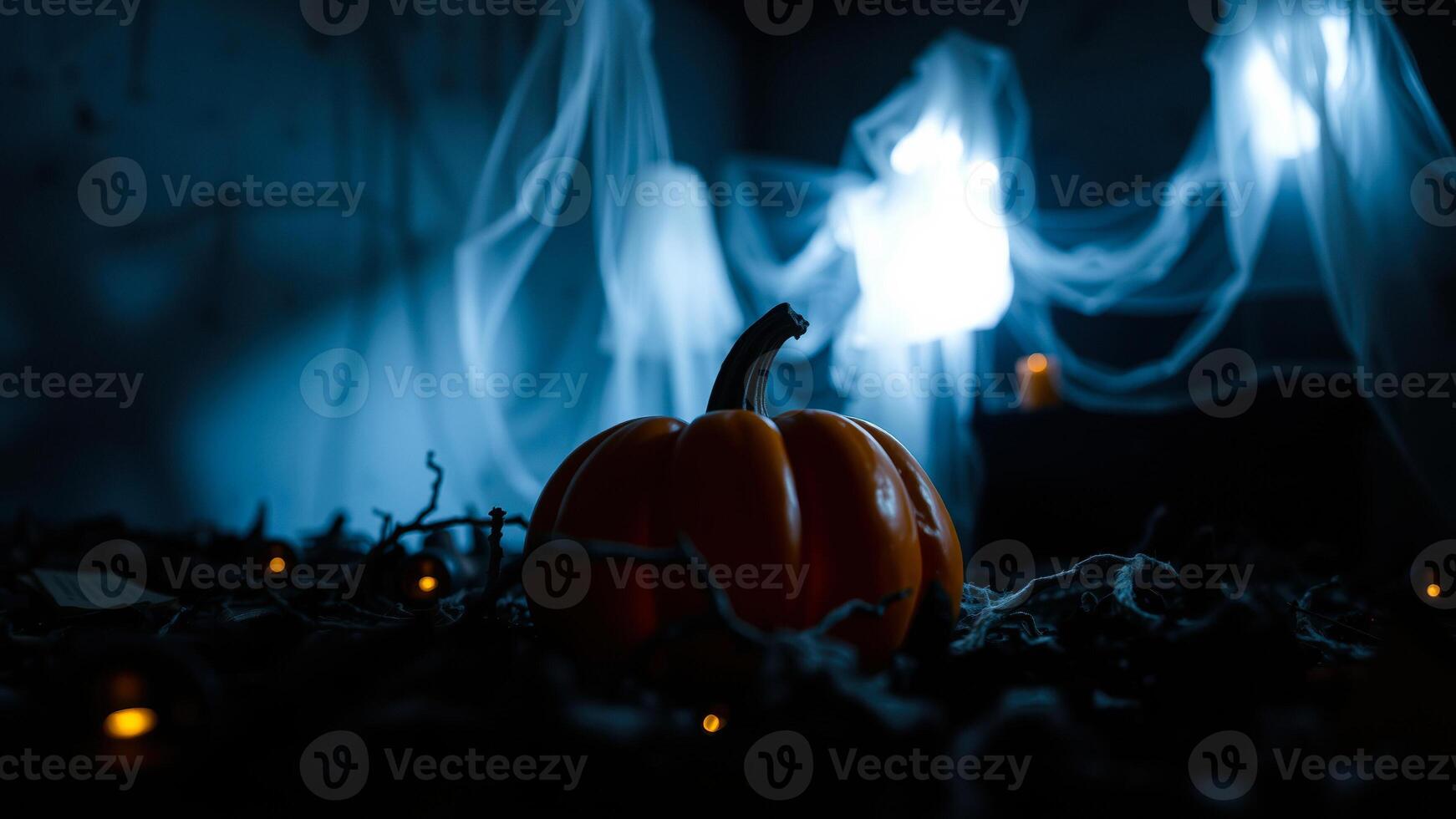 single pumpkin amidst a spooky mysterious setting photo