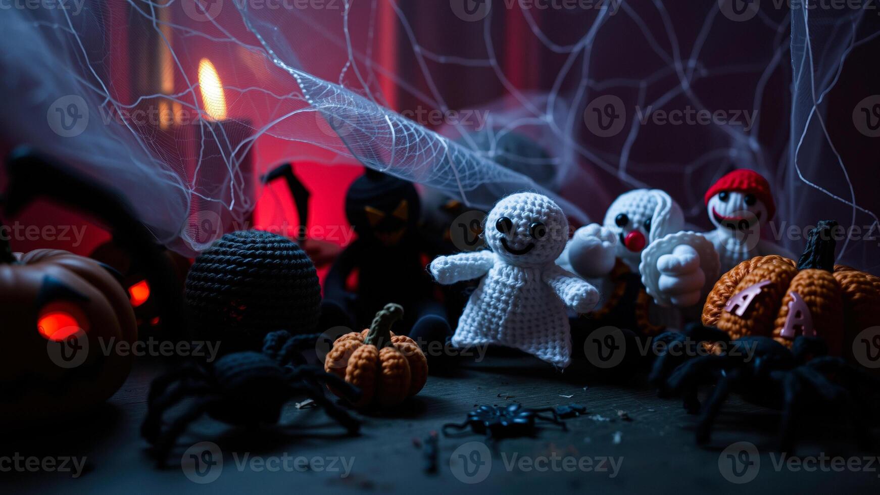 crocheted halloween decorations with glowing jack-o'-lantern photo